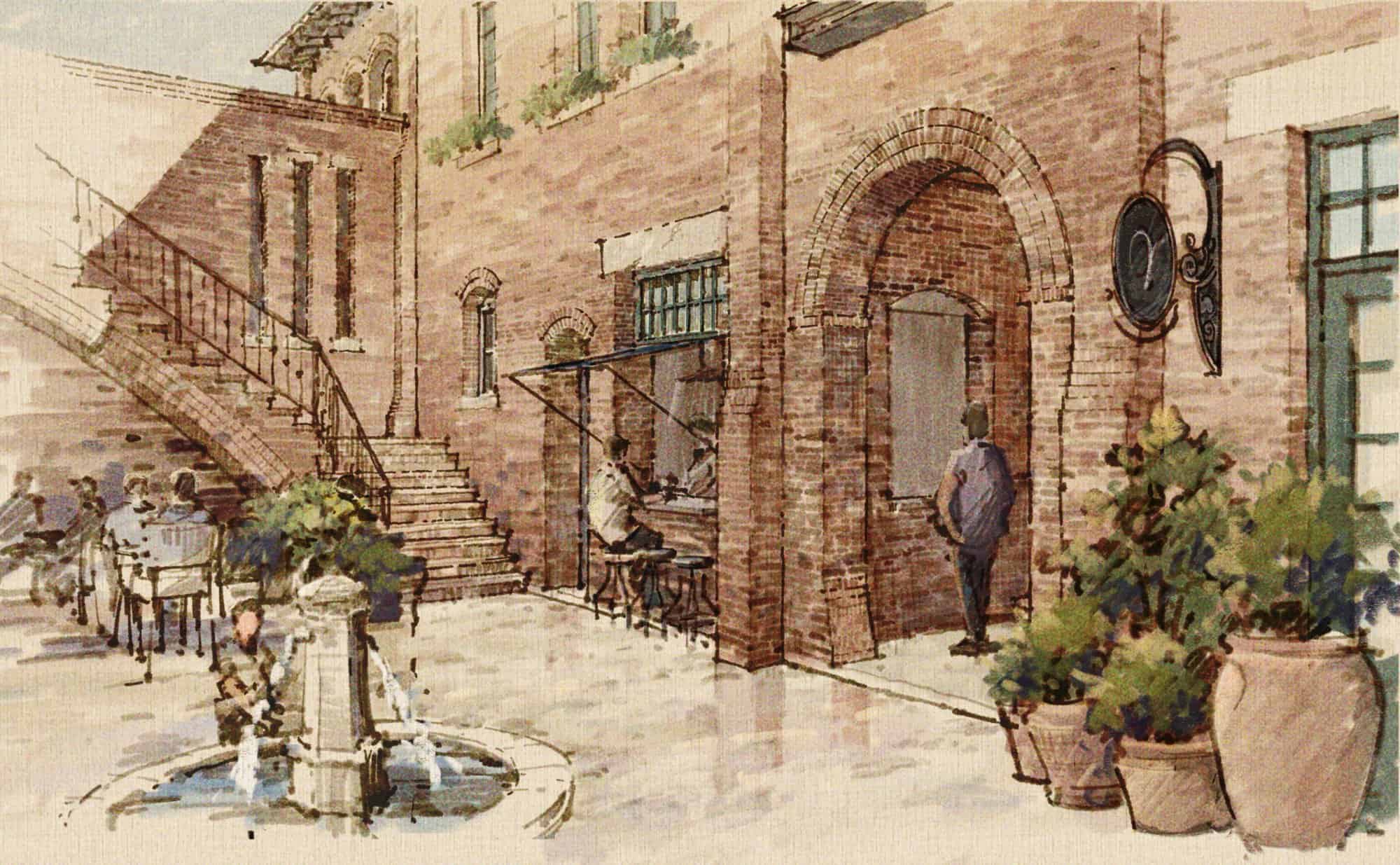 Watercolor rendering of the Apollo courtyard at Townsend