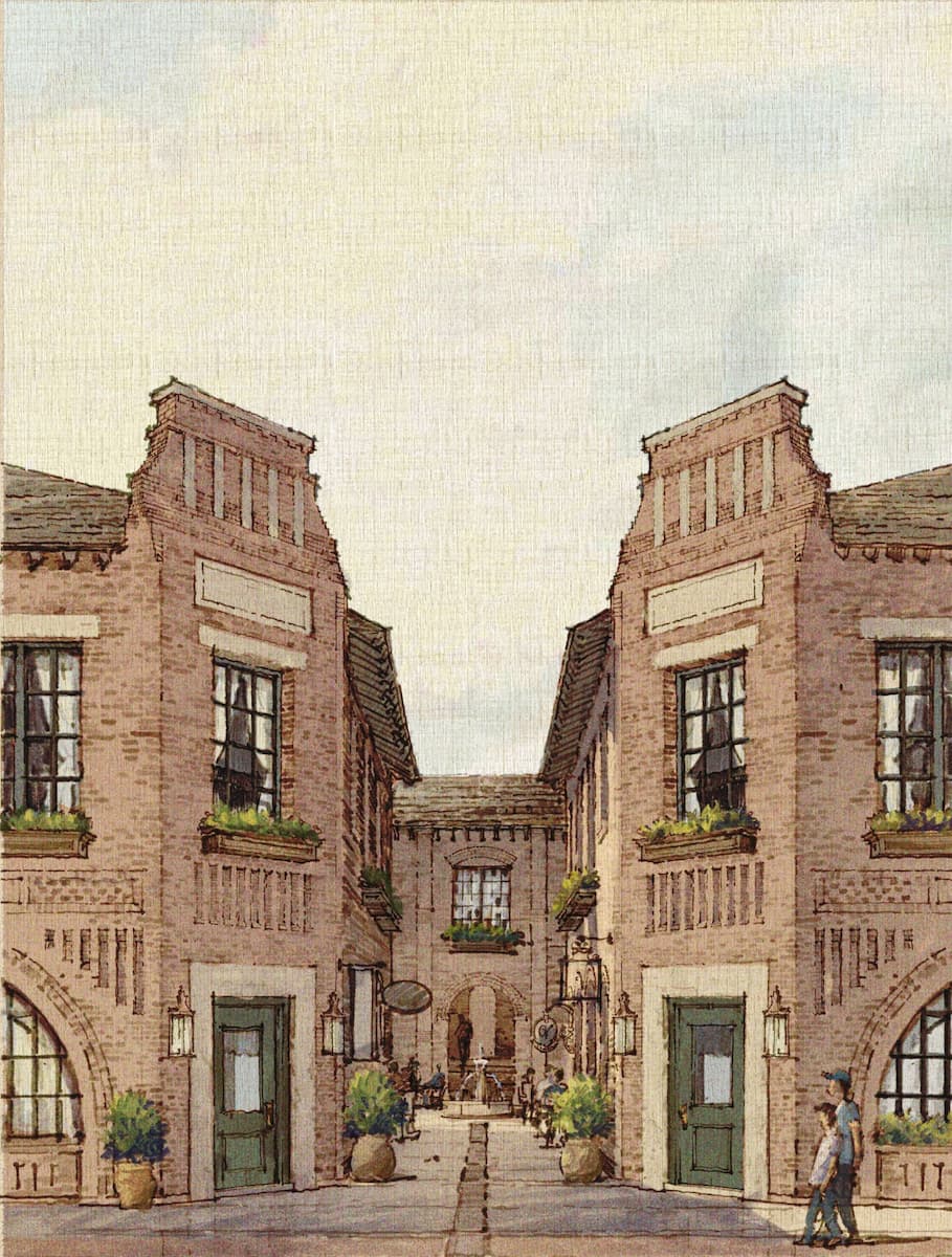 Watercolor rendering of the Apollo courtyard